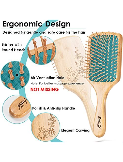 Sofmild Hair Brush-Natural Wooden Bamboo Brush and Detangle Tail Comb Instead of Brush Cleaner Tool