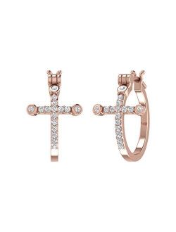 1/4 Carat Diamond Hoop Earrings with Cross Sign in 10K Gold