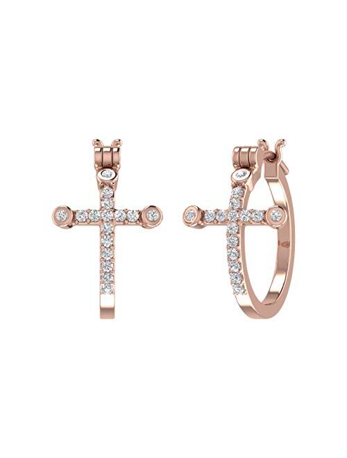Finerock 1/4 Carat Diamond Hoop Earrings with Cross Sign in 10K Gold