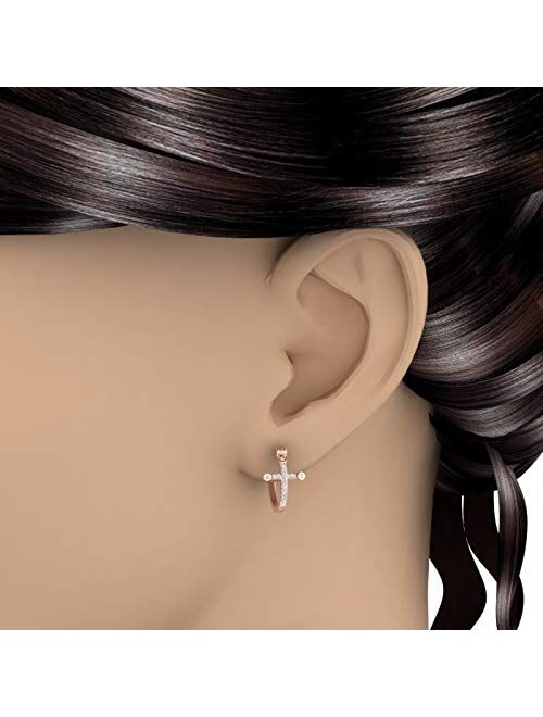 Finerock 1/4 Carat Diamond Hoop Earrings with Cross Sign in 10K Gold