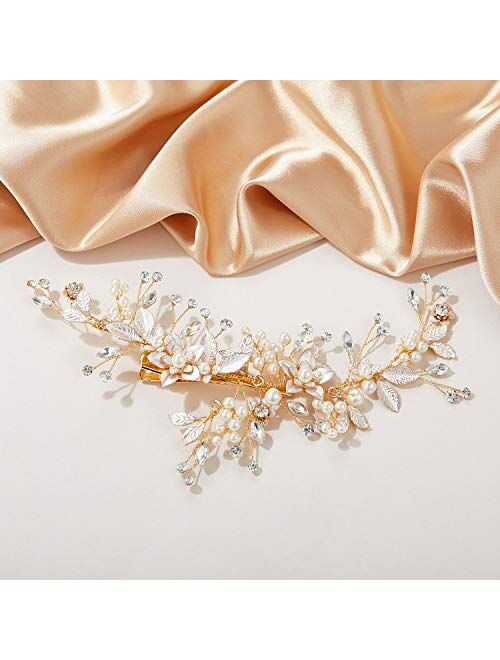 SWEETV Gold Wedding Hair Clip Comb Handmade Bridal Hair Accessories for Women Wedding