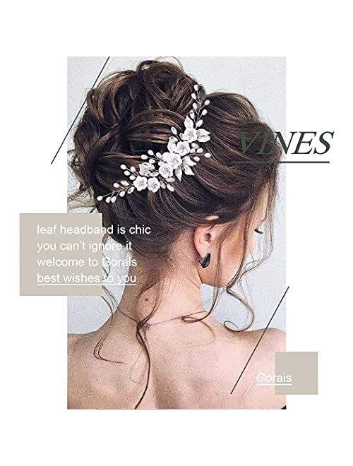 Gorais Flower Bride Wedding Hair Vine Silver Crystal Bridal Hair Pieces Leaf Headband Hair Accessories for Women and Girls