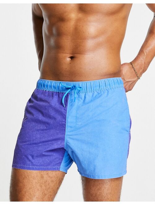 ASOS DESIGN swim shorts in blue color block acid wash short length