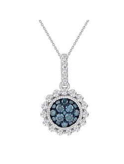 1/2 Carat White Diamond and Blue Diamond Cluster Pendant Necklace in 925 Sterling Silver