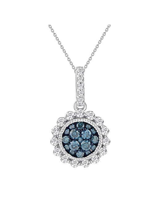 Finerock 1/2 Carat White Diamond and Blue Diamond Cluster Pendant Necklace in 925 Sterling Silver