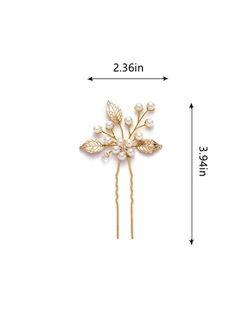 Heread Pearl Bride Wedding Hair Pins Leaf Bridal Head Piece Flower Hair Accessories for Women and Girls (Pack of 3)