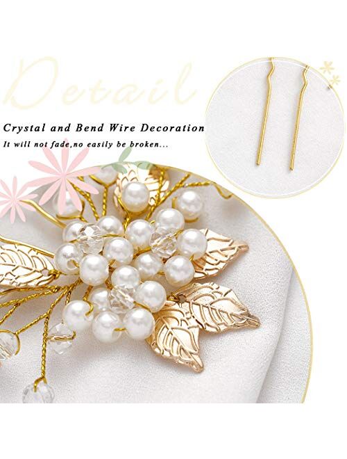 Heread Pearl Bride Wedding Hair Pins Leaf Bridal Head Piece Flower Hair Accessories for Women and Girls (Pack of 3)