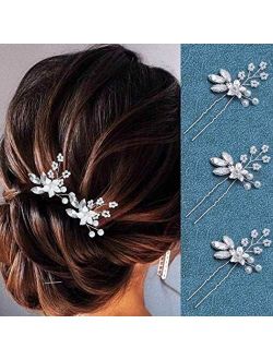 Heread Crystal Bride Wedding Hair Pins Flower Bridal Head Piece Pearl Hair Accessories for Women and Girls (Pack of 3)
