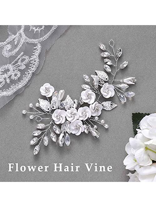 Latious Silver Flower Bride Wedding Hair Vine Crystal Bridal Hair Piece Rhinestone Hair Accessories Leaf Hair Jewelry for Women and Girls(5.5Inches)