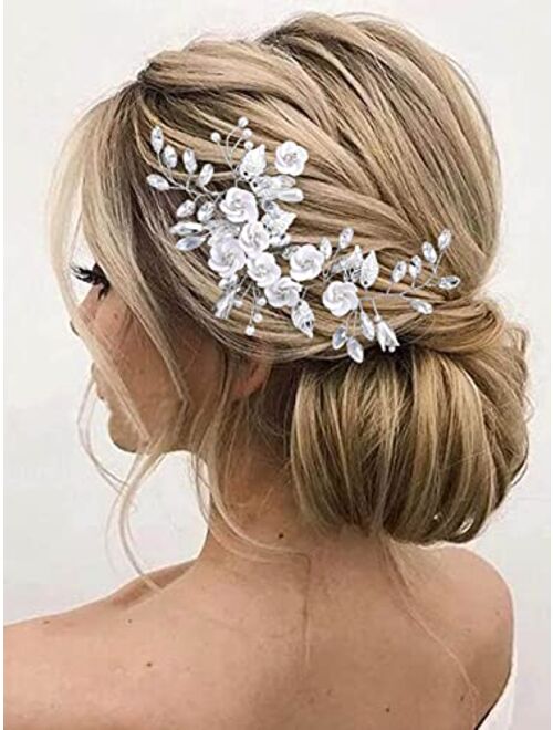 Latious Silver Flower Bride Wedding Hair Vine Crystal Bridal Hair Piece Rhinestone Hair Accessories Leaf Hair Jewelry for Women and Girls(5.5Inches)