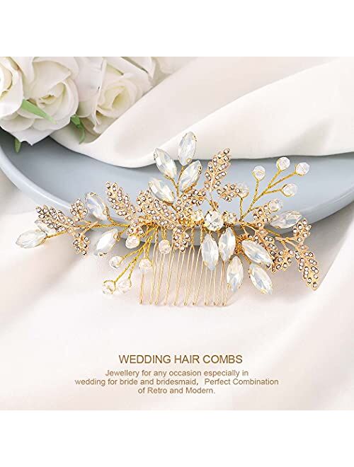 Jeairts Leaf Wedding Hair Comb Rhinestone Bridal Hair Pieces Opal Bridal Crystal Hair Accessories for Women and Girls