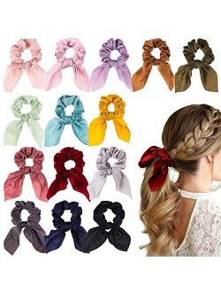 WATINC 14 Pcs Bowknot Hair Scrunchies Super Soft Silk Scarf Hair Ties 2 in 1 Design Solid Colors Scrunchie Ponytail Holder with Bows Pattern Hair Scrunchy Accessories Rop