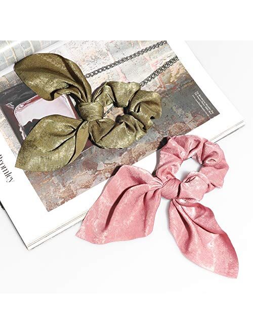 WATINC 14 Pcs Bowknot Hair Scrunchies Super Soft Silk Scarf Hair Ties 2 in 1 Design Solid Colors Scrunchie Ponytail Holder with Bows Pattern Hair Scrunchy Accessories Rop