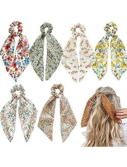 DINPREY 6 Pcs Floral Hair Scarf Scrunchies bowknot floral hair ribbons ties Chiffon Scarf Scrunchies Bow Ties Hand Bands Elastic Ropes Long Tails Scrunchy With Bows