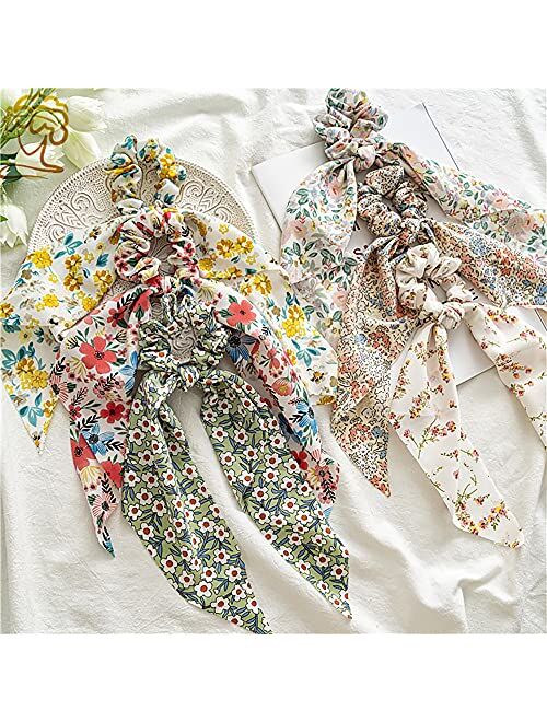 DINPREY 6 Pcs Floral Hair Scarf Scrunchies bowknot floral hair ribbons ties Chiffon Scarf Scrunchies Bow Ties Hand Bands Elastic Ropes Long Tails Scrunchy With Bows