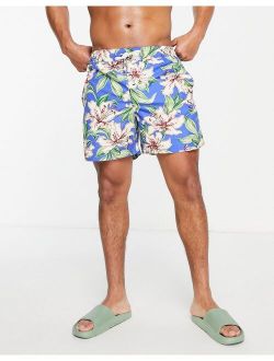 Traveler icon logo lily print swim shorts in blue
