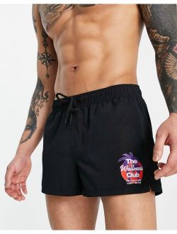 swim shorts with badging in black super short length