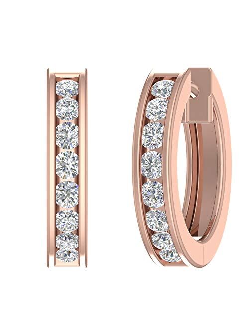 Finerock 14K Gold Hoop Huggies Channel Set Diamond Earrings (I1-I2 Clarity, 1/2 Carat to 1 Carat)