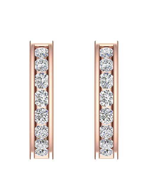 Finerock 14K Gold Hoop Huggies Channel Set Diamond Earrings (I1-I2 Clarity, 1/2 Carat to 1 Carat)