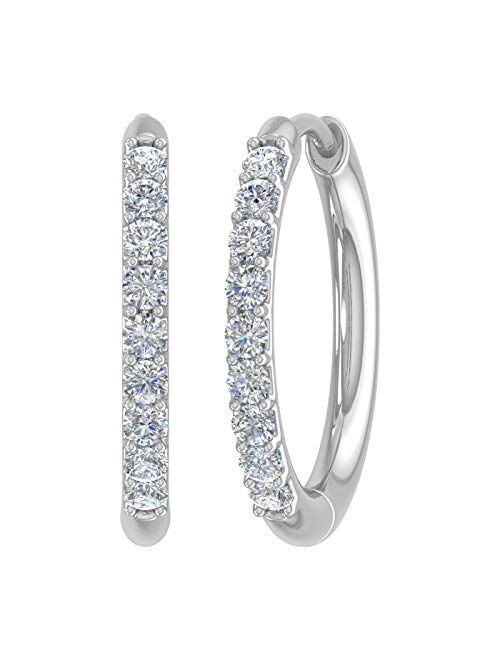Finerock 1/4 Carat to 1/2 Carat Round White Diamond Ladies Hoop Earrings in 10K Gold or 950 Platinum