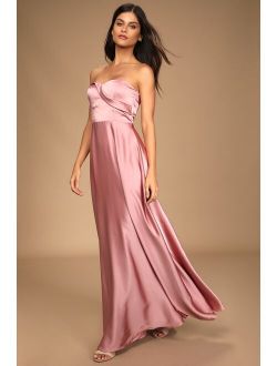 Real Romantic Light Rose Satin Strapless Maxi Dress
