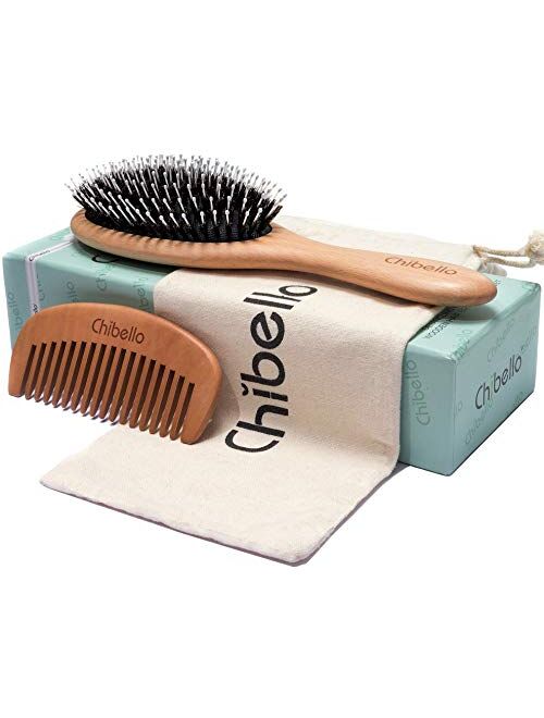 Chibello Boar Bristle Hair Brush Set for Thick and Normal Hair. Hand Polished Natural Wood Handle for a Refined Look and Feel. Restore Healthy Shine, Improve Growth, Redu