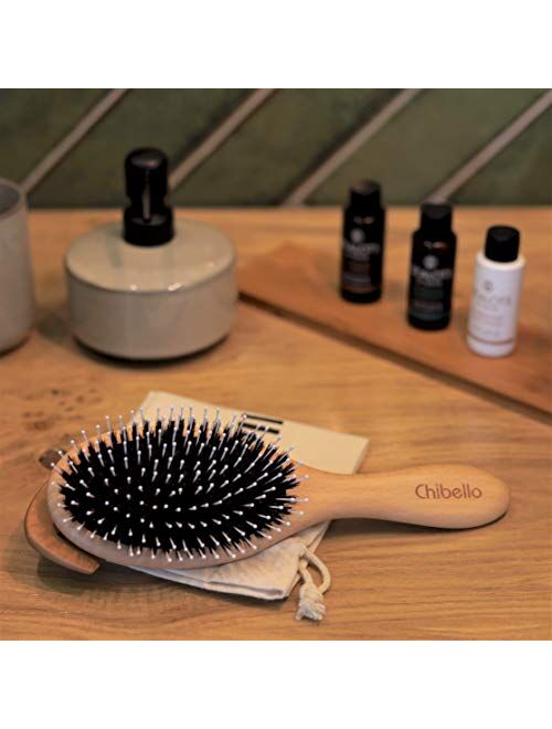 Chibello Boar Bristle Hair Brush Set for Thick and Normal Hair. Hand Polished Natural Wood Handle for a Refined Look and Feel. Restore Healthy Shine, Improve Growth, Redu