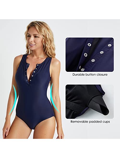BALEAF Women's Button Up Full Back Swimsuits One Piece Long Torso Padded Push Up Bathing Suits Built in Bra
