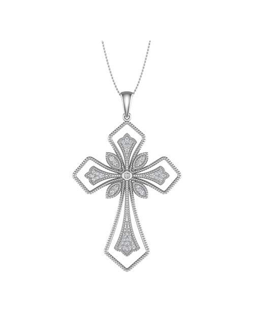 Finerock 1/10 Carat to 1/2 Carat Diamond Cross Pendant Necklace in 10K White Gold (Silver Chain Included)