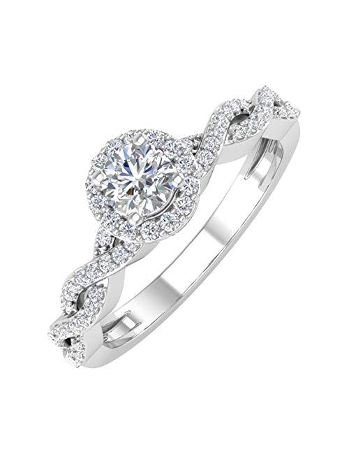 Finerock 14K Gold Round White Diamond Ladies Solitaire Swirl Halo Engagement Ring (0.40 Carat) (I1-I2 Clarity)