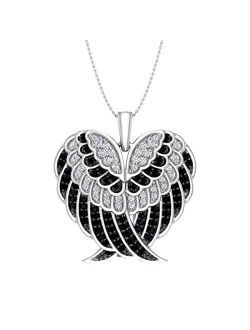 1/2 ct White Diamond or Black & White Diamond Double Angel Wings Heart Necklace in 925 Sterling Silver