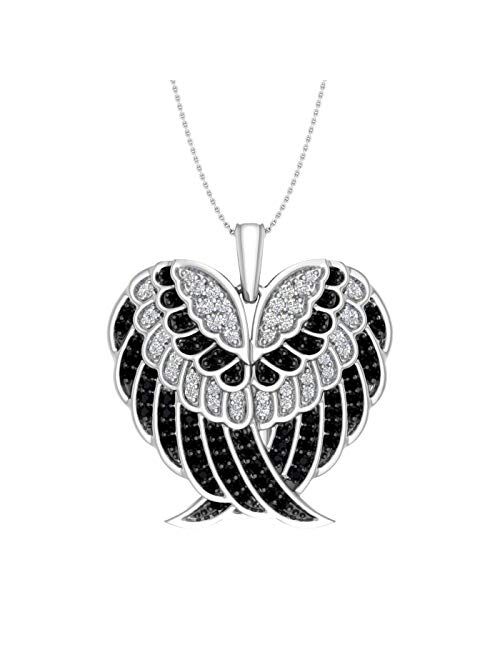 Finerock 1/2 ct White Diamond or Black & White Diamond Double Angel Wings Heart Necklace in 925 Sterling Silver