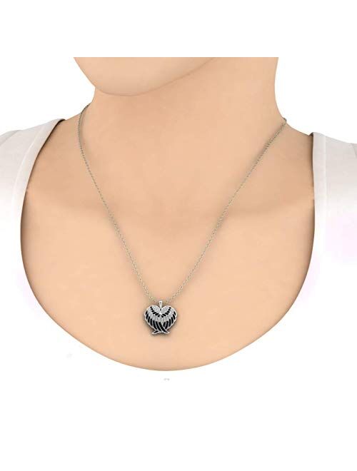 Finerock 1/2 ct White Diamond or Black & White Diamond Double Angel Wings Heart Necklace in 925 Sterling Silver