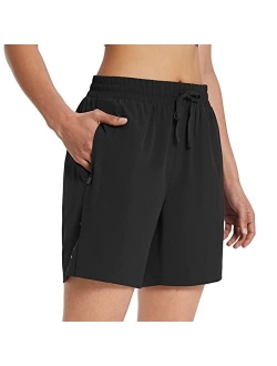 Women's 7" Long Running Shorts No Liner Zipper Pockets Quick Dry Athletic Workout Shorts