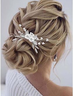 Latious Silver Flower Bride Wedding Hair Comb Leaf Bridal Side Comb Sparkly Crystal Hair Piece Pearl Hair Accessorie for Women and Girls