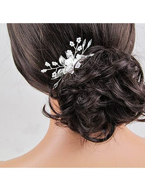 Latious Silver Flower Bride Wedding Hair Comb Leaf Bridal Side Comb Sparkly Crystal Hair Piece Pearl Hair Accessorie for Women and Girls