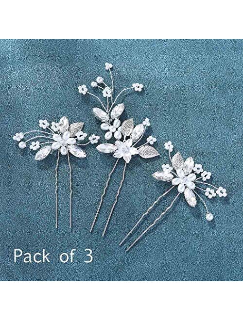 Unicra Bride Wedding Flower Hair Pins Bridal Pearl Hair Piece Crystal Hair Accessories for Women and Girls (Pack of 3)