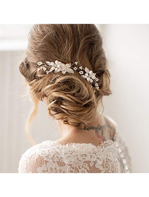 Unicra Bride Wedding Flower Hair Pins Bridal Pearl Hair Piece Crystal Hair Accessories for Women and Girls (Pack of 3)