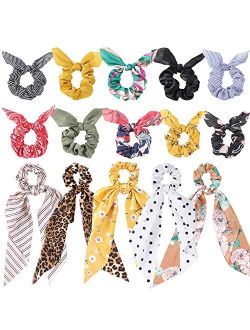 Hishexin 15 Pcs Hair Scarf Scrunchie, Bow Scrunchies for Hair, Hair Scrunchies with Bow, Chiffon Floral Scrunchie Hair Bands Satin Scarf Ponytail Holder for Women(Color A