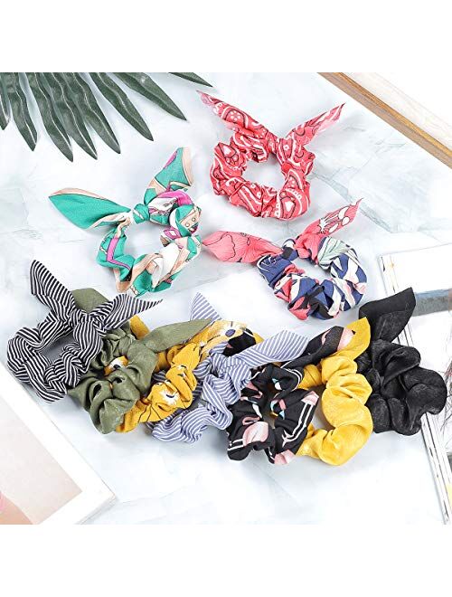 Hishexin 15 Pcs Hair Scarf Scrunchie, Bow Scrunchies for Hair, Hair Scrunchies with Bow, Chiffon Floral Scrunchie Hair Bands Satin Scarf Ponytail Holder for Women(Color A