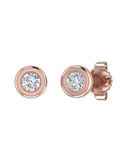 10K Gold Bezel Set Round Diamond Stud Earrings (1/10 Carat) (SI1-SI2 Clarity)
