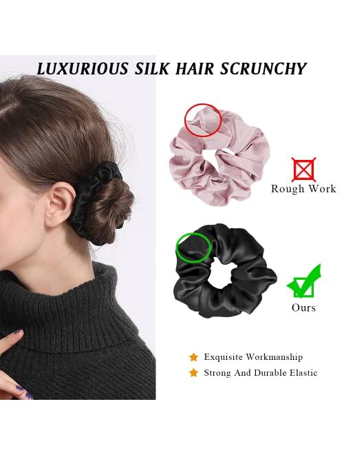DelTeck Silk Scrunchies for Hair 100% Pure Mulberry Silk Hair Scrunchies Luxurious Silk Hair Ties No Crease Scrunchies for Women, Girls, Thick Curly Hair