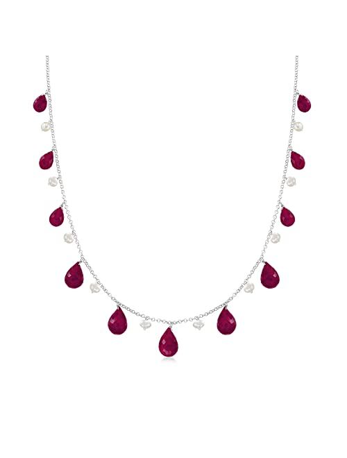 Ross-Simons 4-5mm Cultured Pearl and 45.00 ct. t.w. Ruby Drop Necklace in Sterling Silver