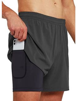 Men's 2 in 1 Gym Running Shorts 5'' Workout Phone Pocket Liner Towel Loop