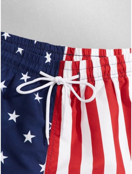Shein Men American Flag Print Drawstring Waist Swim Trunks