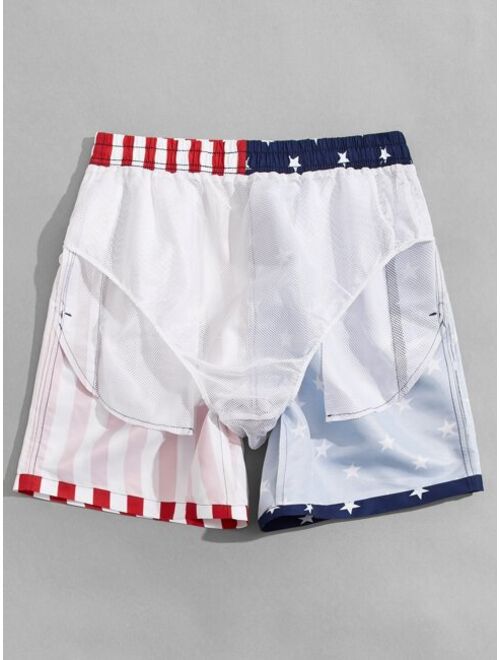 Shein Men American Flag Print Drawstring Waist Swim Trunks