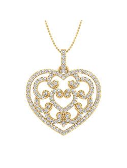 1/2 Carat to 1 Carat Diamond Heart Pendant Necklace in 14K Yellow Gold (Included Silver Chain) (I1-I2 Clarity)