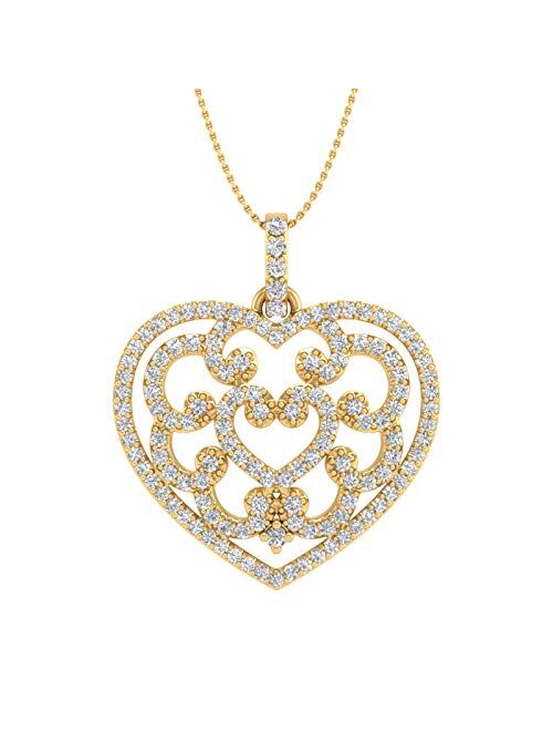Finerock 1/2 Carat to 1 Carat Diamond Heart Pendant Necklace in 14K Yellow Gold (Included Silver Chain) (I1-I2 Clarity)