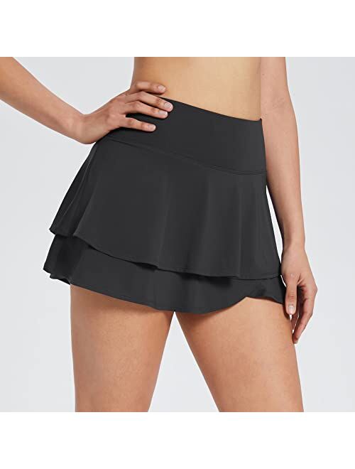 BALEAF Women's Pleated Tennis Skirts Layered Ruffle Mini Skirts with Shorts for Running Workout