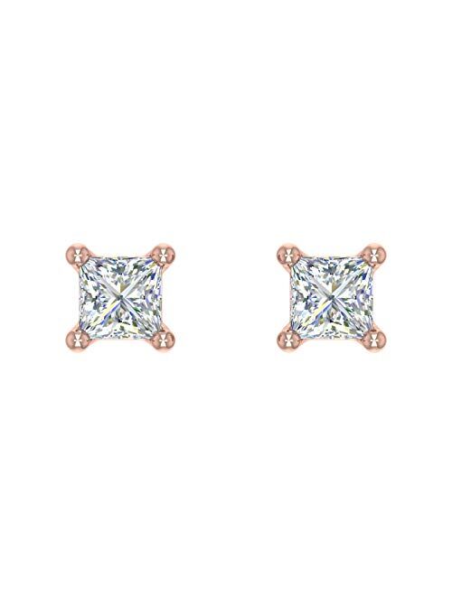 Finerock 1/10 Carat to 1/2 Carat Princess Cut Diamond Stud Earrings in 14K Gold (I1-I2 Clarity)